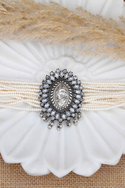 Wajiha Silver Pearl Embellished Choker 