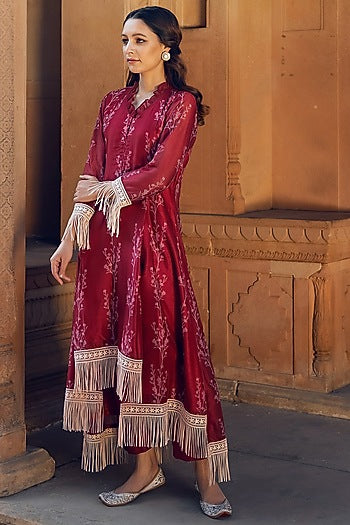 Ruby Red Asmira Floral Printed Fringed Kurta Set
