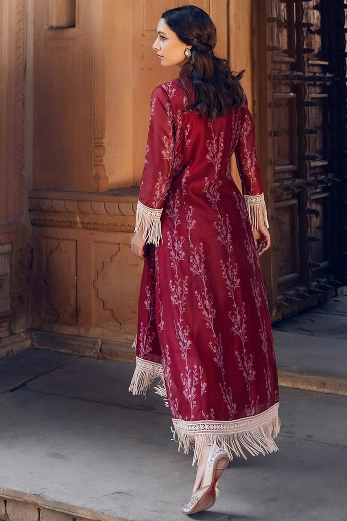 Ruby Red Asmira Floral Printed Fringed Kurta Set