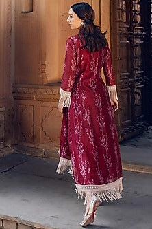 Ruby Red Asmira Floral Printed Fringed Kurta Set