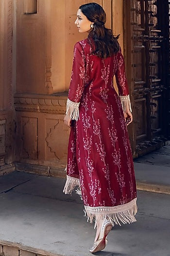 Ruby Red Asmira Floral Printed Fringed Kurta Set