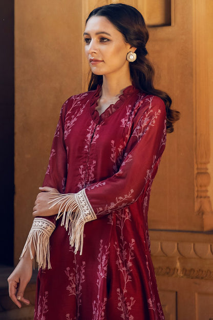 Ruby Red Asmira Floral Printed Fringed Kurta Set