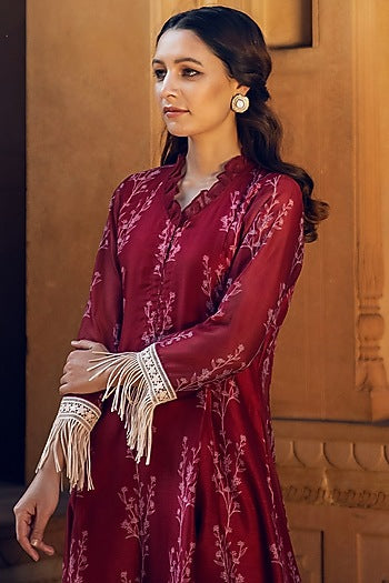 Ruby Red Asmira Floral Printed Fringed Kurta Set