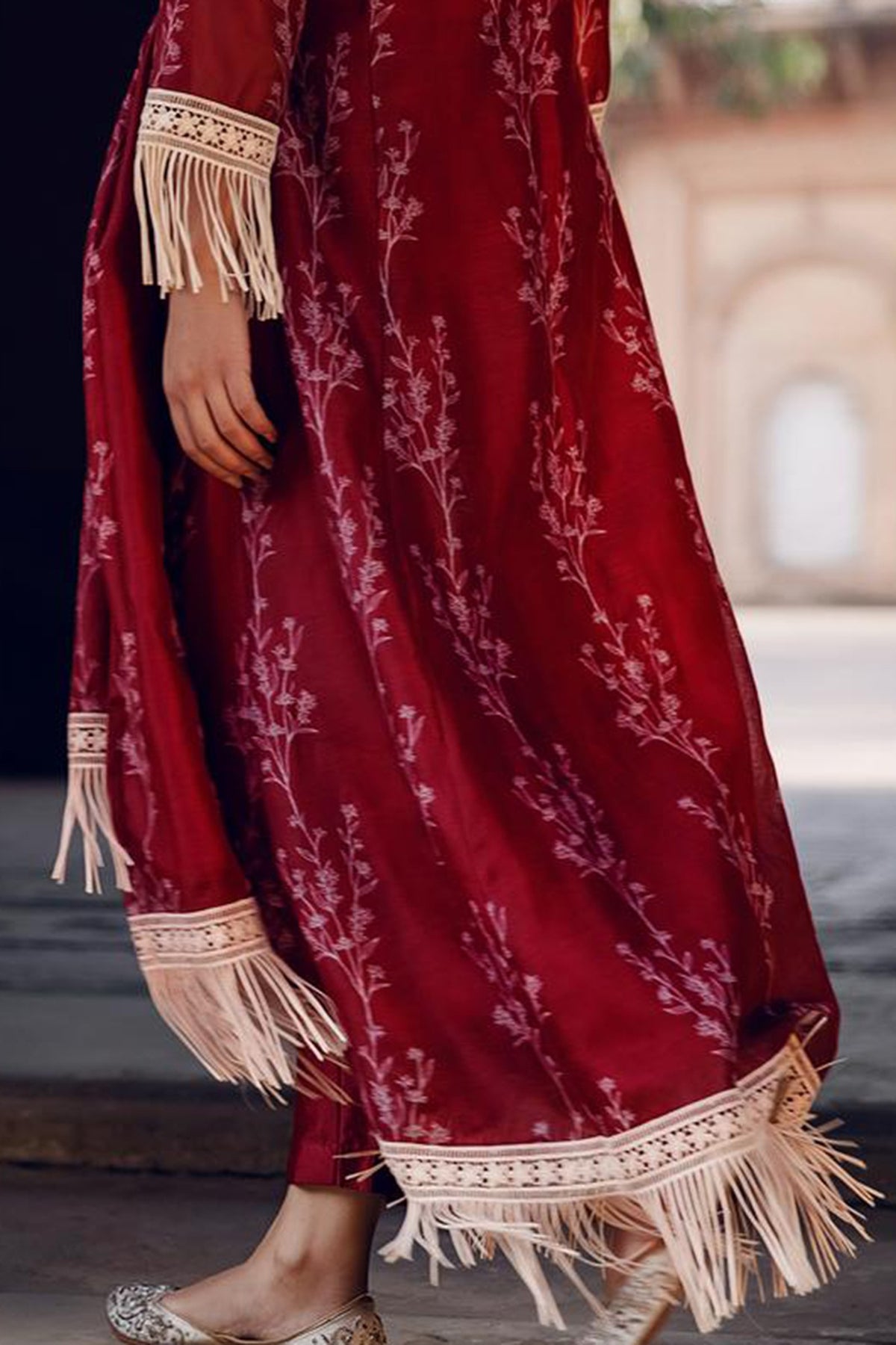 Ruby Red Asmira Floral Printed Fringed Kurta Set