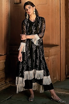 Black Asmira Floral Printed Fringed Kurta Set