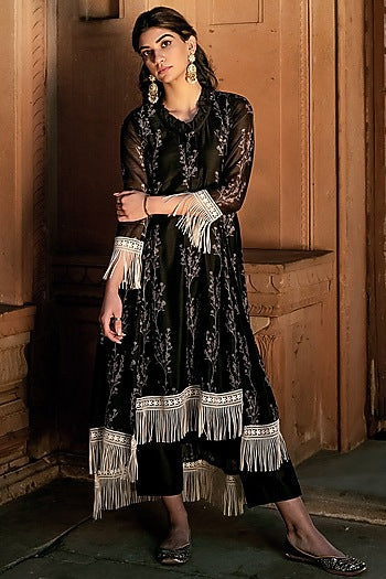 Black Asmira Floral Printed Fringed Kurta Set