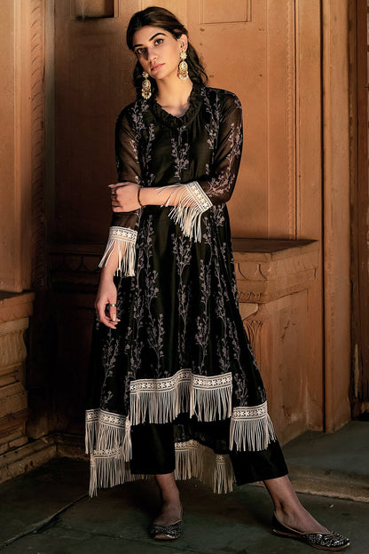 Black Asmira Floral Printed Fringed Kurta Set