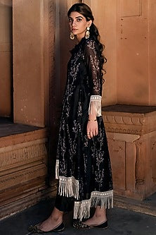 Black Asmira Floral Printed Fringed Kurta Set