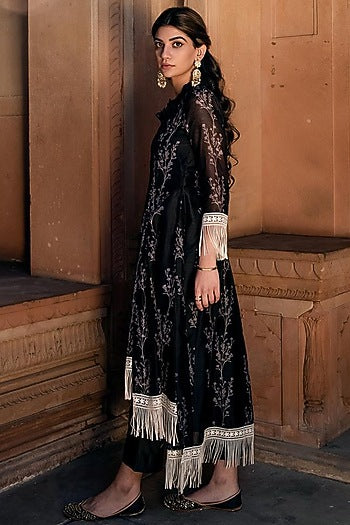 Black Asmira Floral Printed Fringed Kurta Set
