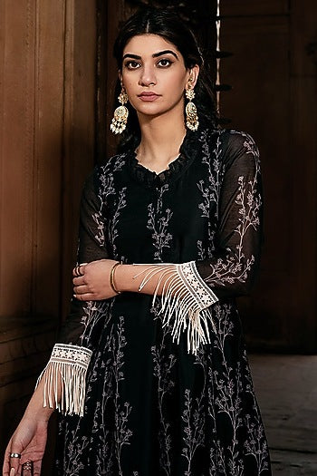 Black Asmira Floral Printed Fringed Kurta Set