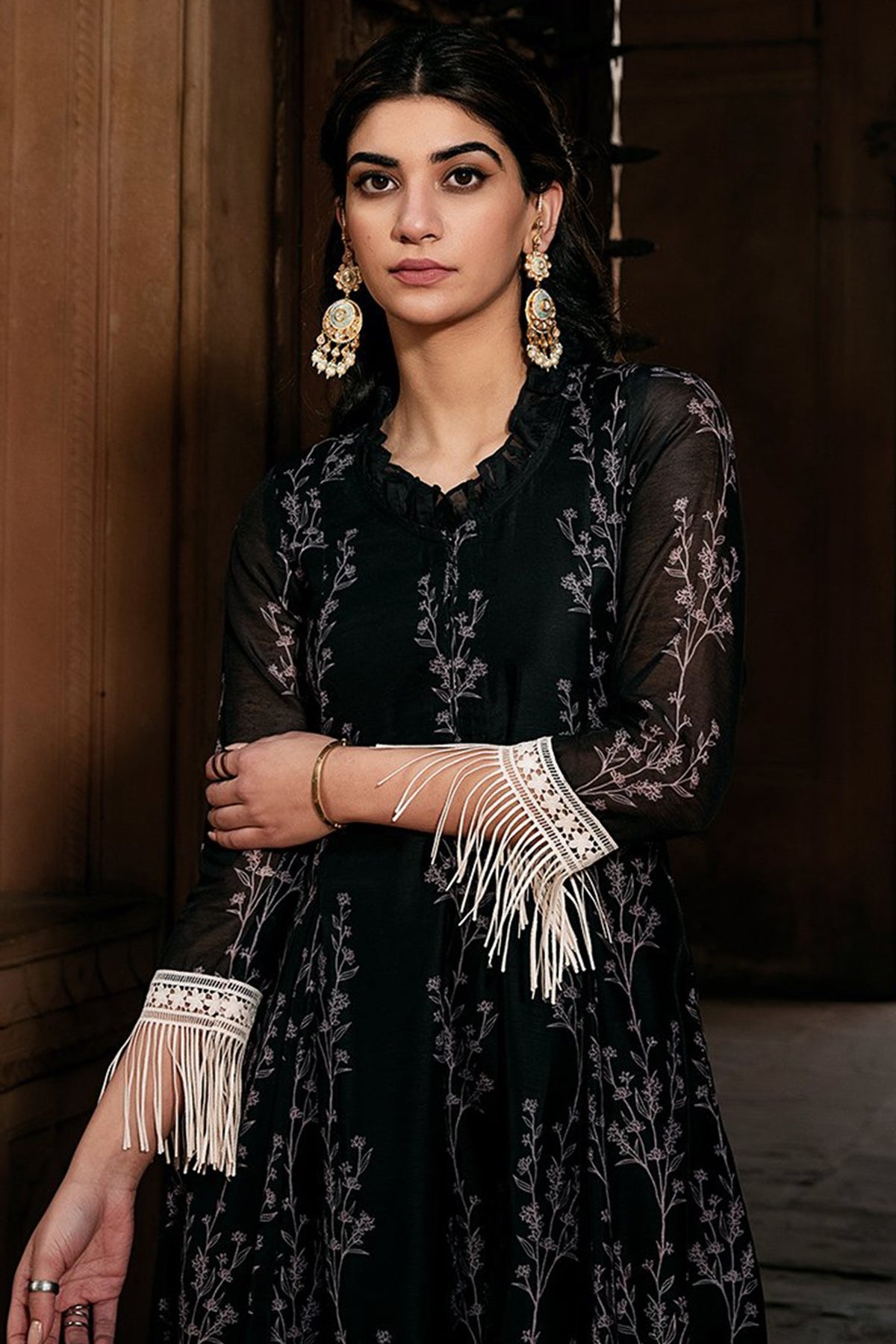 Black Asmira Floral Printed Fringed Kurta Set