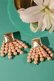 Gold Finish Peach Beaded Dangler Earrings