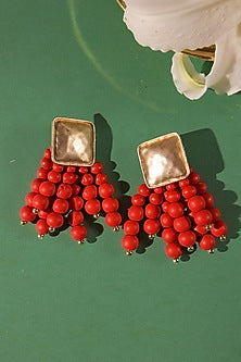 Gold Finish Red Beaded Dangler Earrings