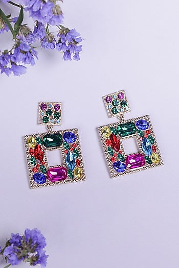 Gold Finish Multi-Colored Synthetic Stone Dangler Earrings