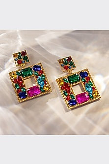 Gold Finish Multi-Colored Synthetic Stone Dangler Earrings