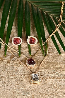 Gold Finish Swarovski & Pink Stone Layered Pendant Necklace Set