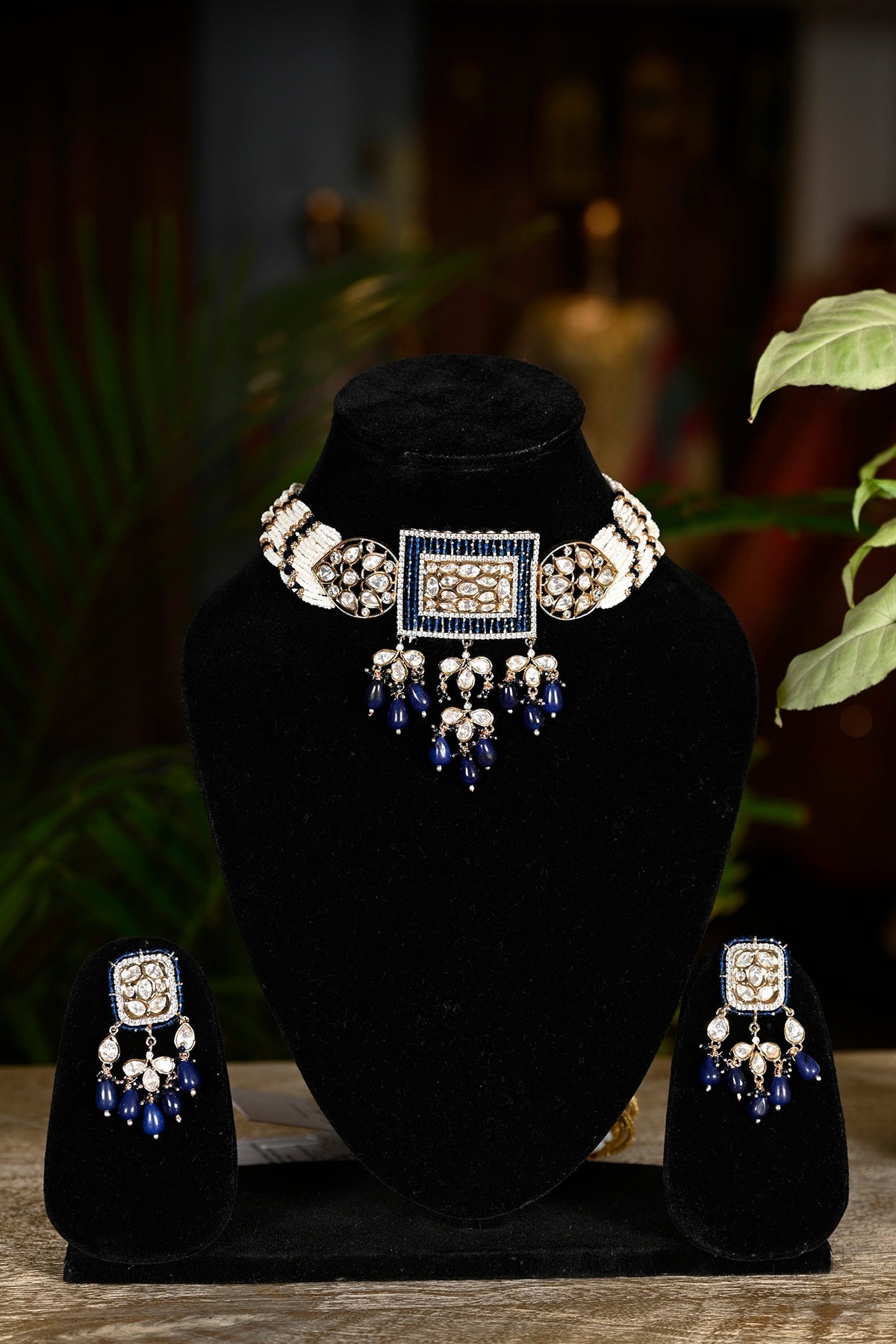 Gold Finish Royal Blue Swarovski Choker Necklace Set