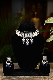 Gold Finish Royal Blue Swarovski Choker Necklace Set
