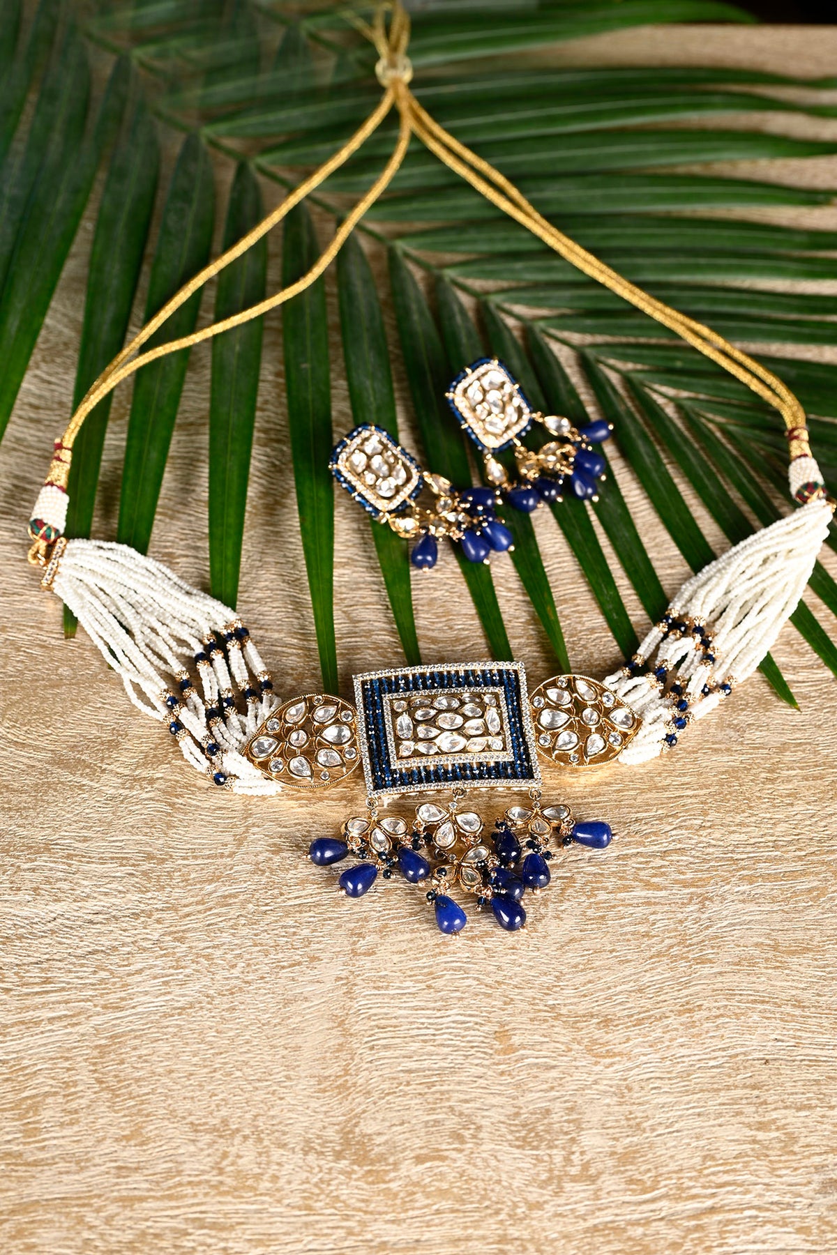 Gold Finish Royal Blue Swarovski Choker Necklace Set