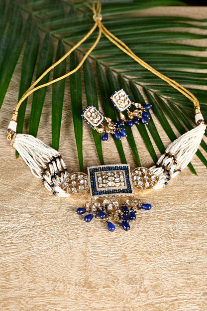 Gold Finish Royal Blue Swarovski Choker Necklace Set