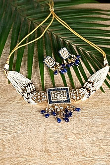 Gold Finish Royal Blue Swarovski Choker Necklace Set