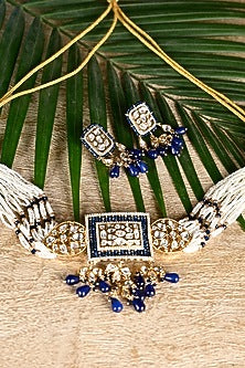Gold Finish Royal Blue Swarovski Choker Necklace Set