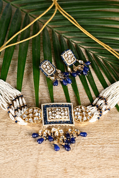 Gold Finish Royal Blue Swarovski Choker Necklace Set