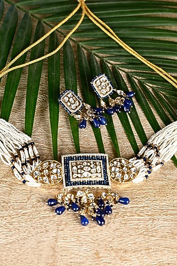 Gold Finish Royal Blue Swarovski Choker Necklace Set