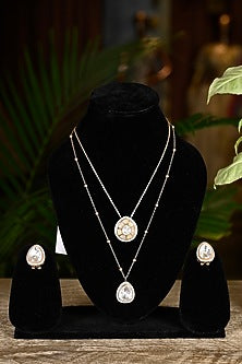 Gold Finish Swarovski & Silver Stone Layered Pendant Necklace Set