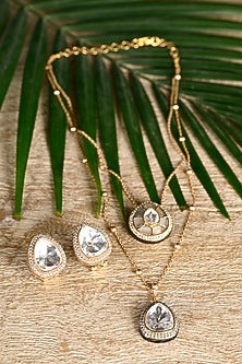 Gold Finish Swarovski & Silver Stone Layered Pendant Necklace Set