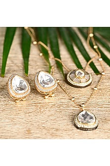 Gold Finish Swarovski & Silver Stone Layered Pendant Necklace Set