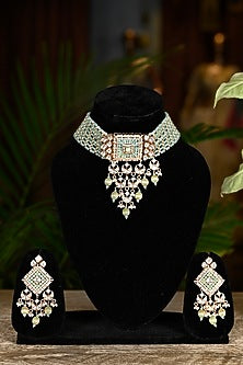 Gold Finish Swarovski & Mint Green Beaded Choker Necklace Set