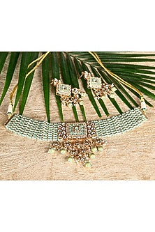 Gold Finish Swarovski & Mint Green Beaded Choker Necklace Set