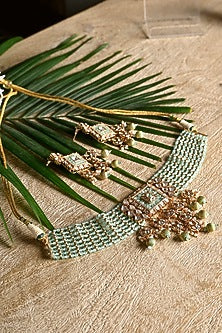Gold Finish Swarovski & Mint Green Beaded Choker Necklace Set