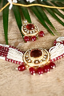 Gold Finish Swarovski & Ruby Stone Choker Necklace Set