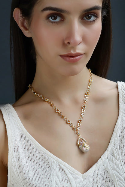 Yellow Gold Plated Zircon & Pearl Necklace