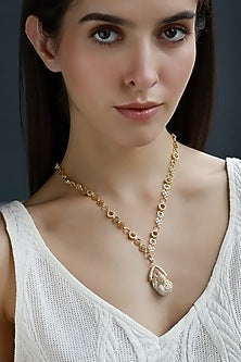 Yellow Gold Plated Zircon & Pearl Necklace