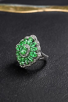 Silver Finish Zircon & Emerald Ring