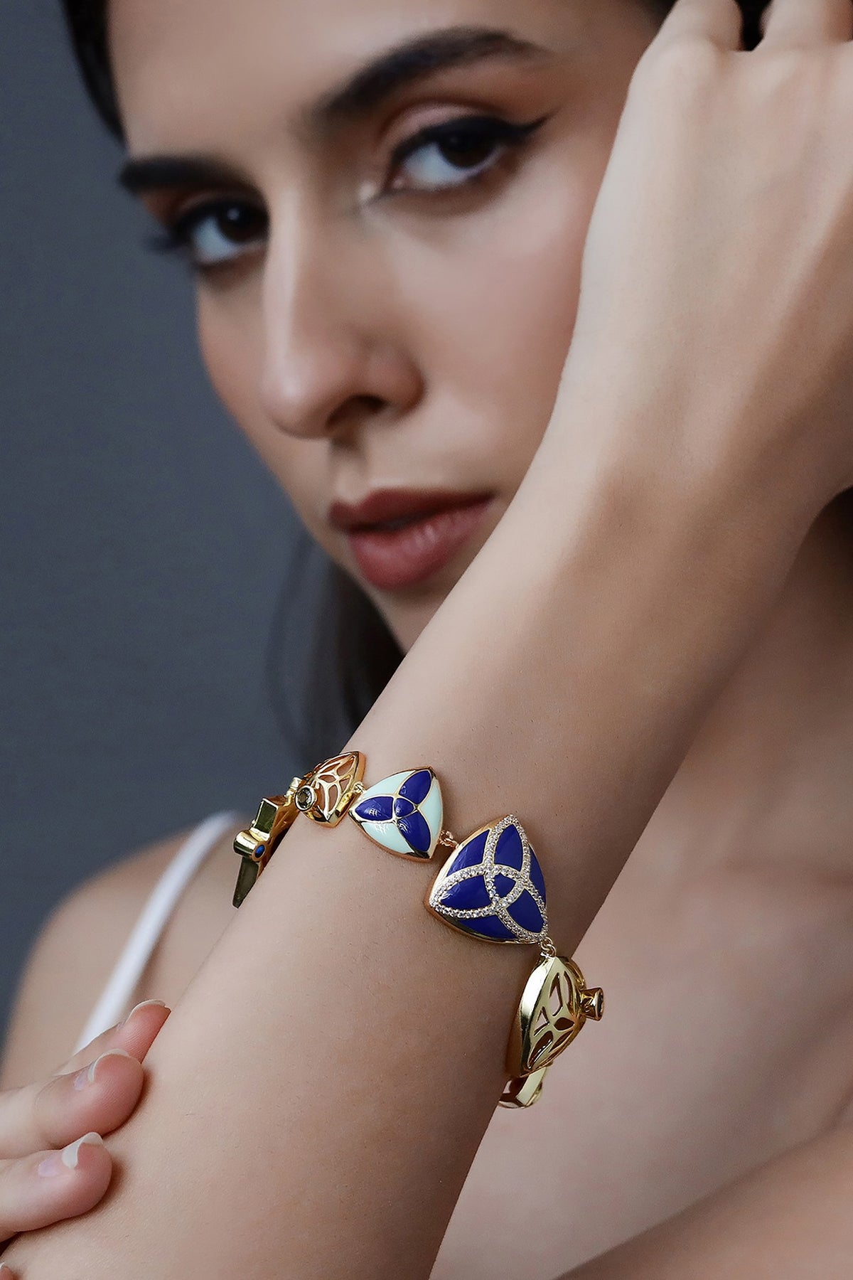 Yellow Gold Plated Zircon & Sapphire Blue Stone Bracelet