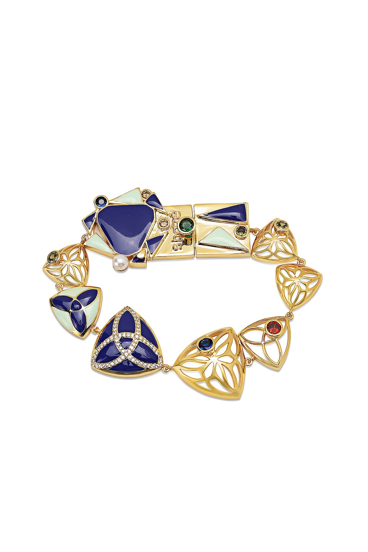 Yellow Gold Plated Zircon & Sapphire Blue Stone Bracelet