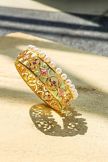 Yellow Gold Plated Zircon & Pearl Bracelet