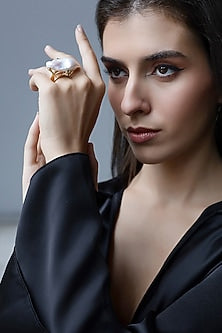 Yellow Gold Plated Zircon & Pearl Ring