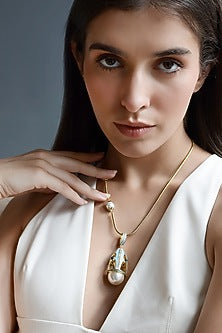 Yellow Gold Plated Zircon & Pearl Necklace