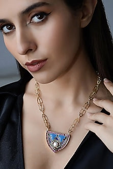 Yellow Gold Plated Zircon & Ruby Synthetic Stone Necklace