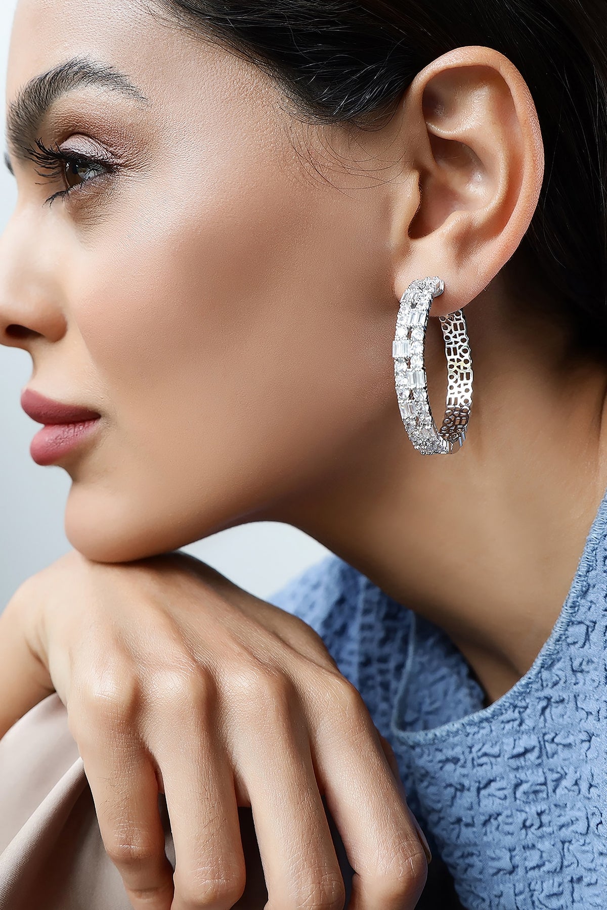 Silver Finish Zircon Hoop Earrings