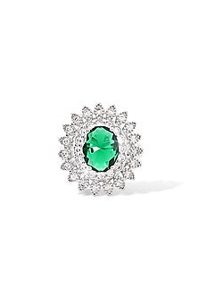 Silver Finish Zircon & Emerald Green Synthetic Stone Ring