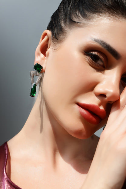 Silver Finish Zircon & Emerald Green Synthetic Stone Dangler Earrings