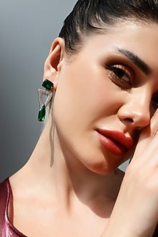 Silver Finish Zircon & Emerald Green Synthetic Stone Dangler Earrings