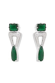Silver Finish Zircon & Emerald Green Synthetic Stone Dangler Earrings