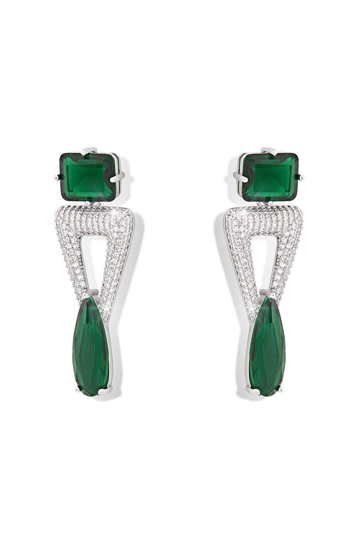 Silver Finish Zircon & Emerald Green Synthetic Stone Dangler Earrings